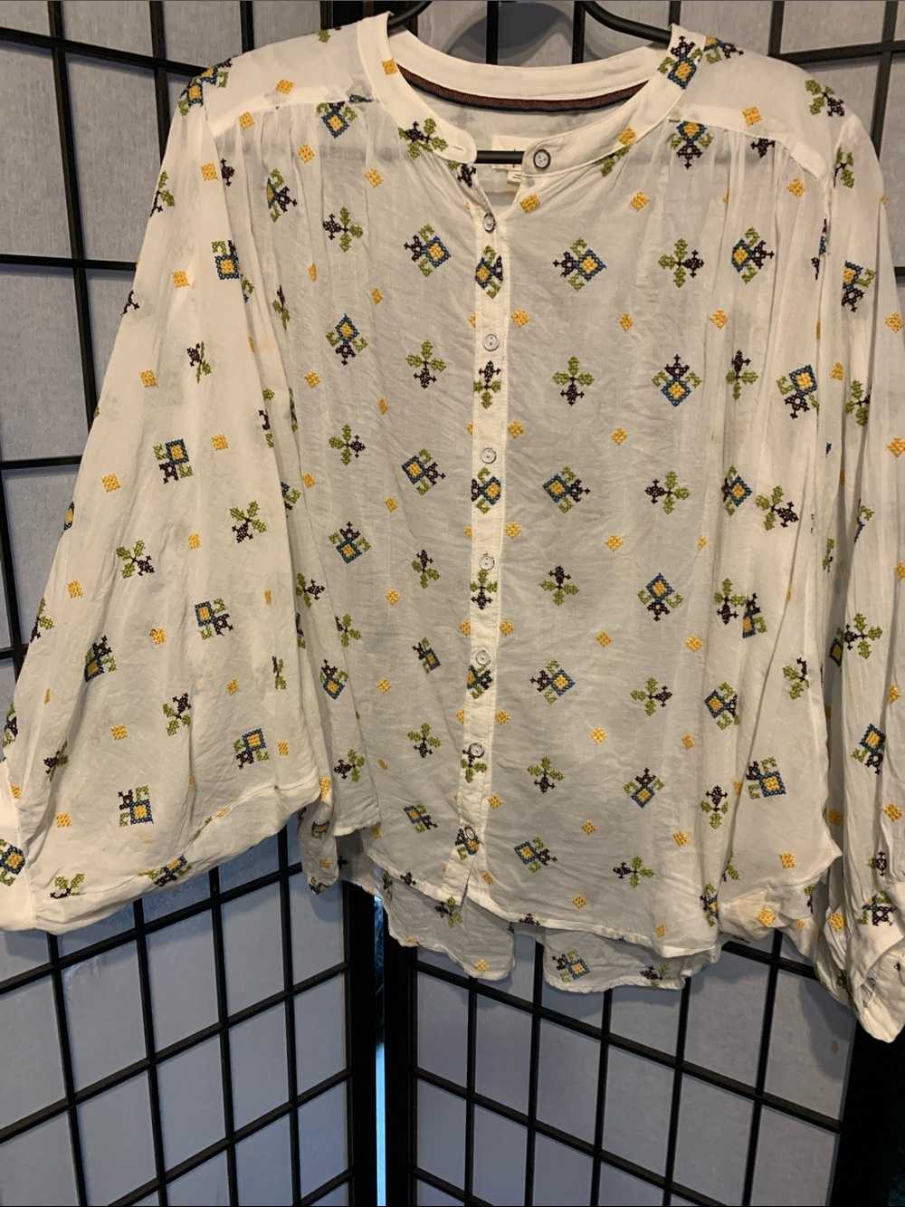 Anthropologie Cream Button-Front Blouse with Yellow & Green Embroidery Size M